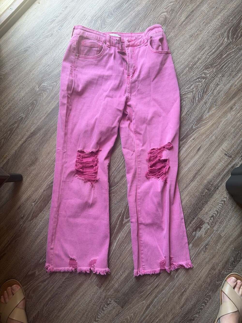 Zenana Pink Distressed Raw Hem Wide Leg Jeans Size M